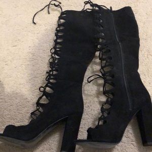 Laced up high heel peep toe boots